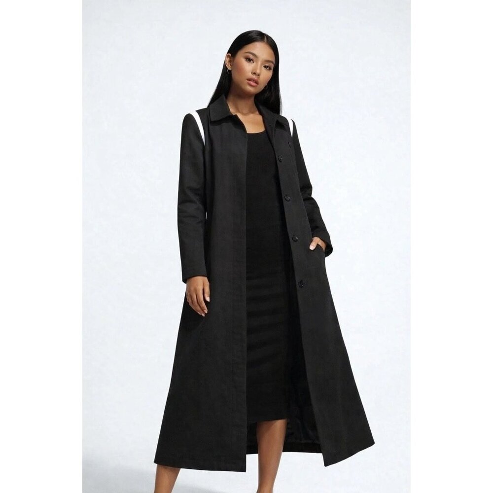 NWT Adidas Women's Collared Coat Long Jacket S Black Twill Premium Minimalist